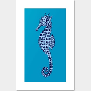 Cute Seahorse Tattoo Style In Blue and Gray Posters and Art